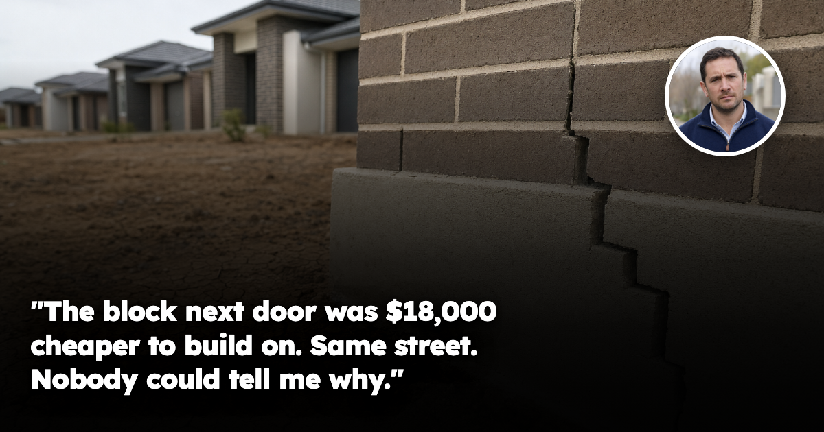 Close-up of an Australian suburban house foundation with stepped cracking through the brickwork above the slab edge, and dry shrinkage-cracked clay soil in the garden bed beside it.