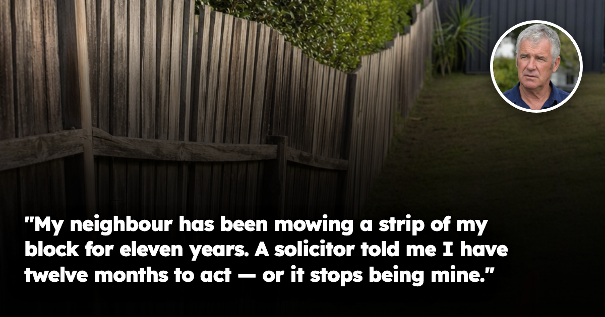 An old timber paling fence across an Australian suburban backyard, with an orange surveyor's boundary peg driven into the lawn well outside the fence line.