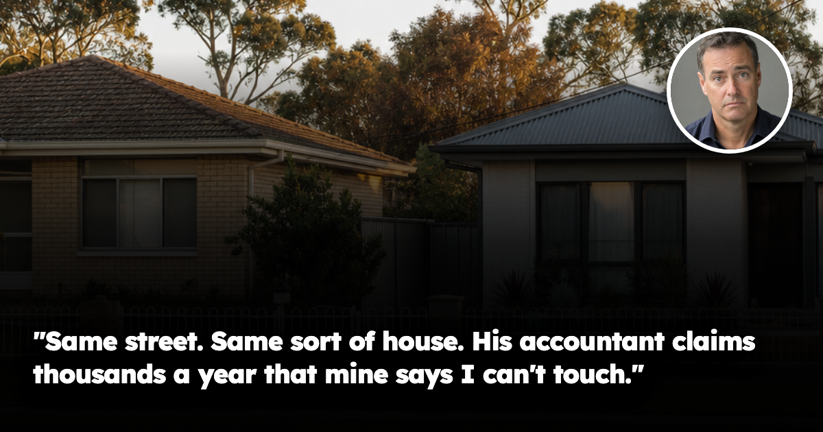 Two adjacent single-storey Australian suburban houses on the same street, one an older cream brick home with a tiled roof and the other a newer rendered home with a metal roof.