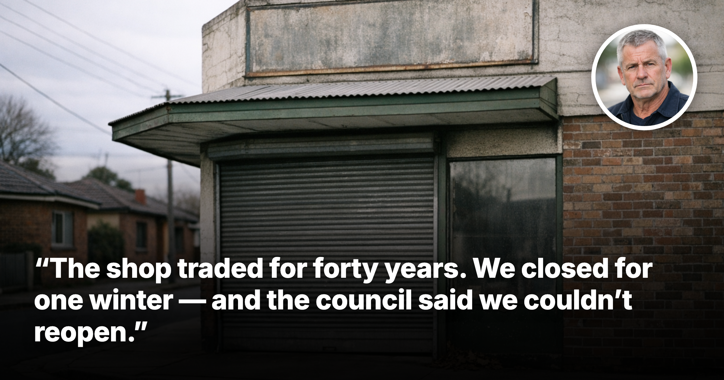 A closed, shuttered corner shop on an Australian residential street on an overcast winter afternoon