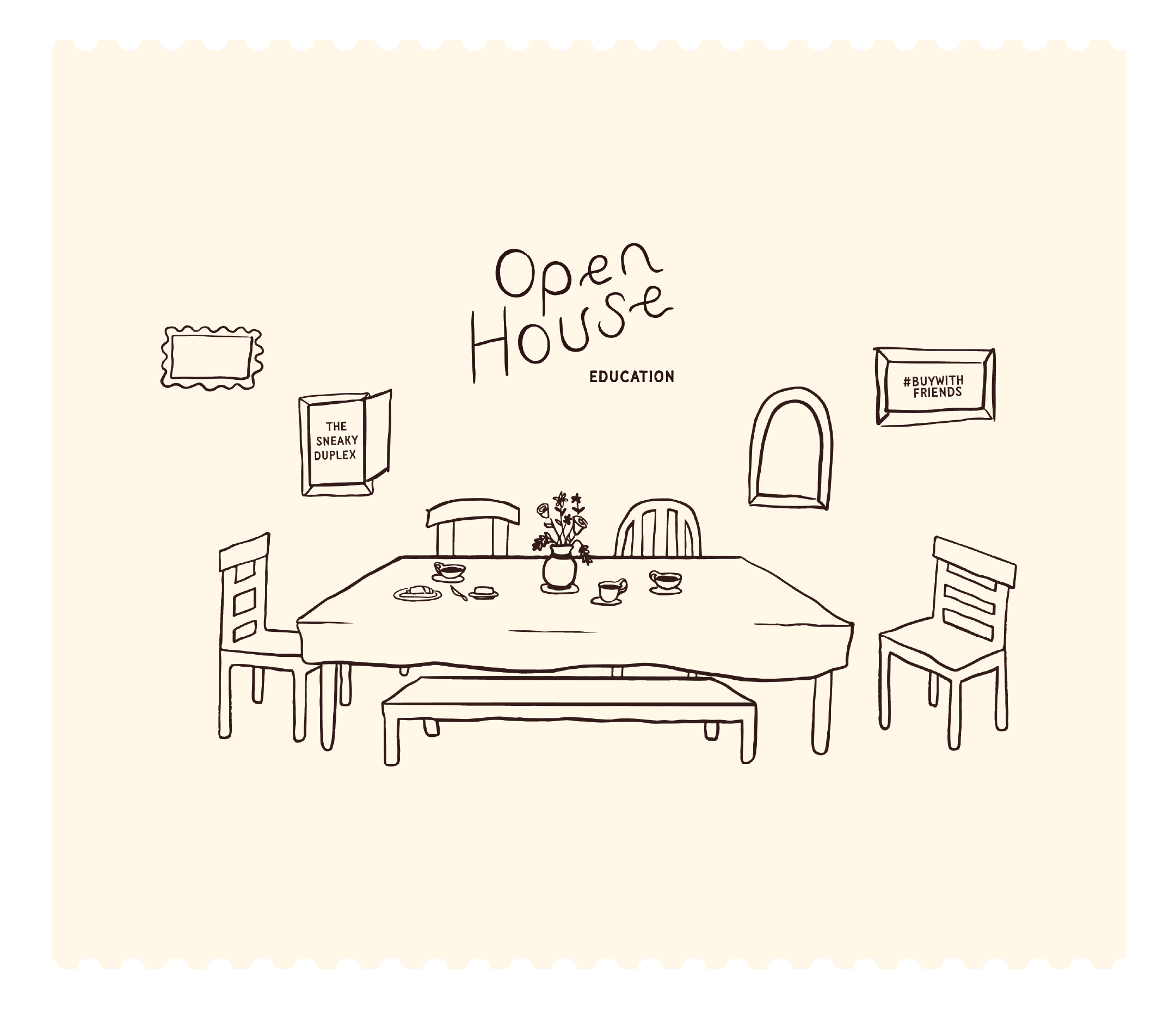 Illustration of a set table with the Open House Education logo