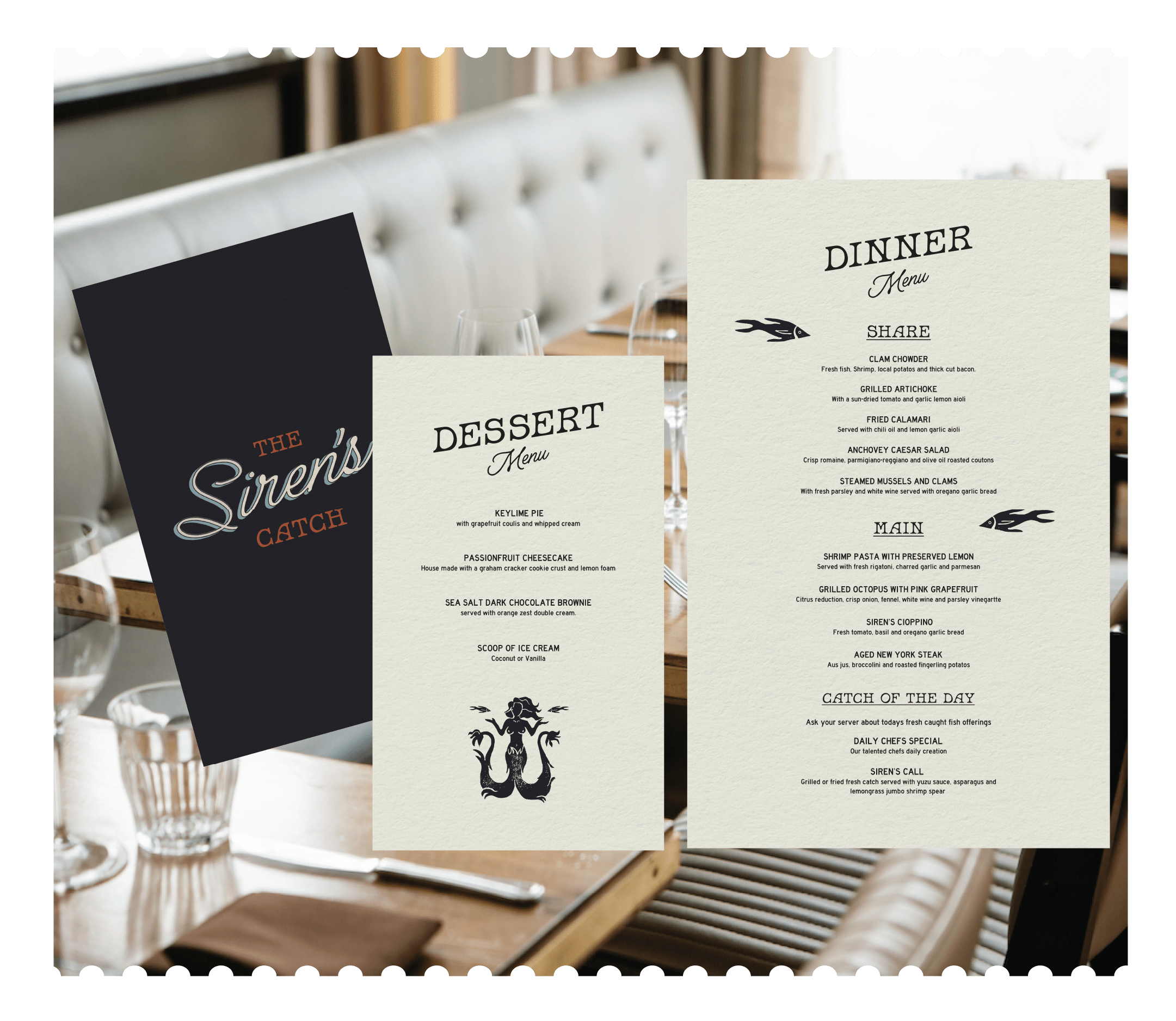 Menu design mock ups for The Siren's Catch restaurant