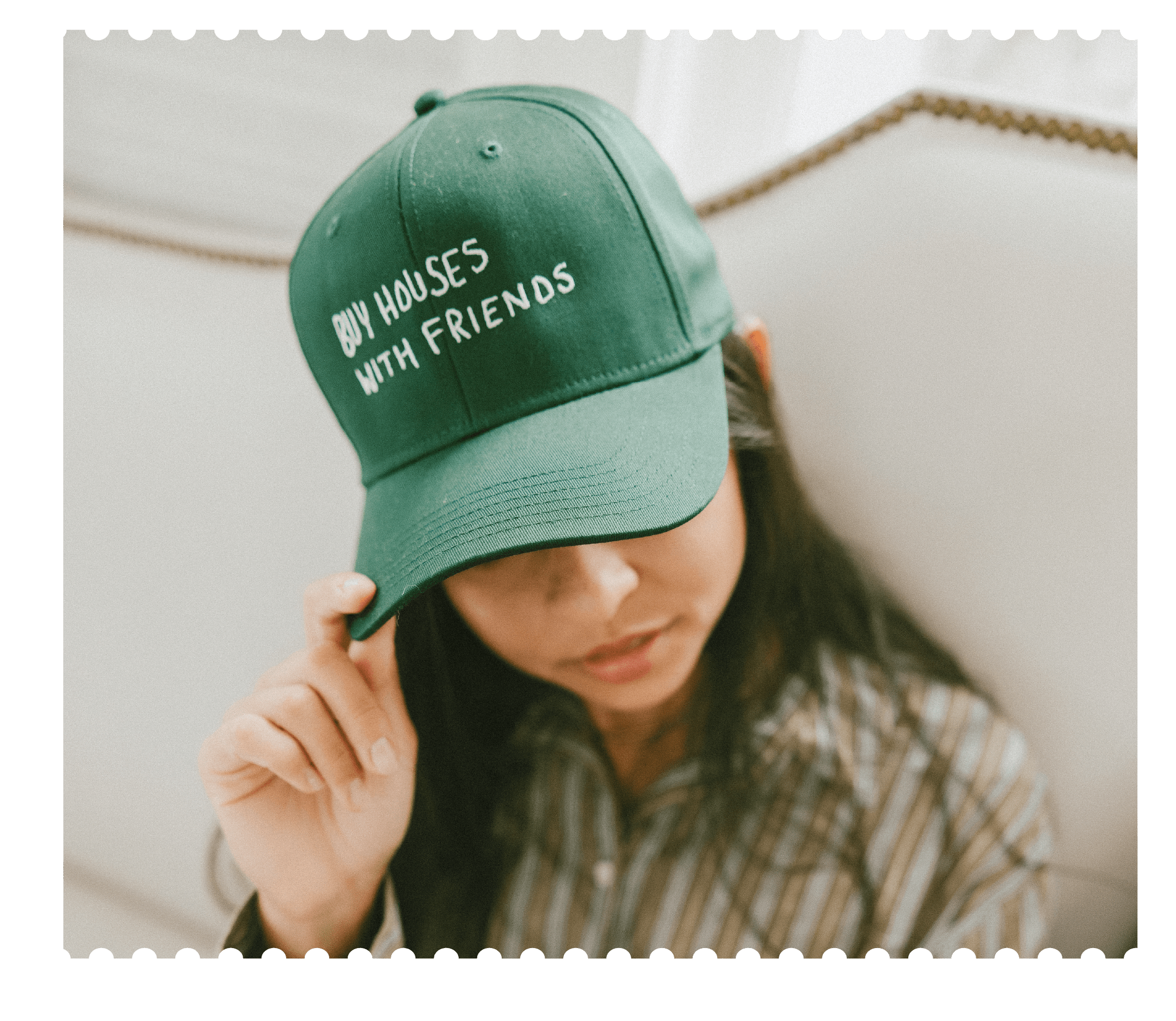 Merch design of a hat saying " Buy houses with friends" for Open House Education