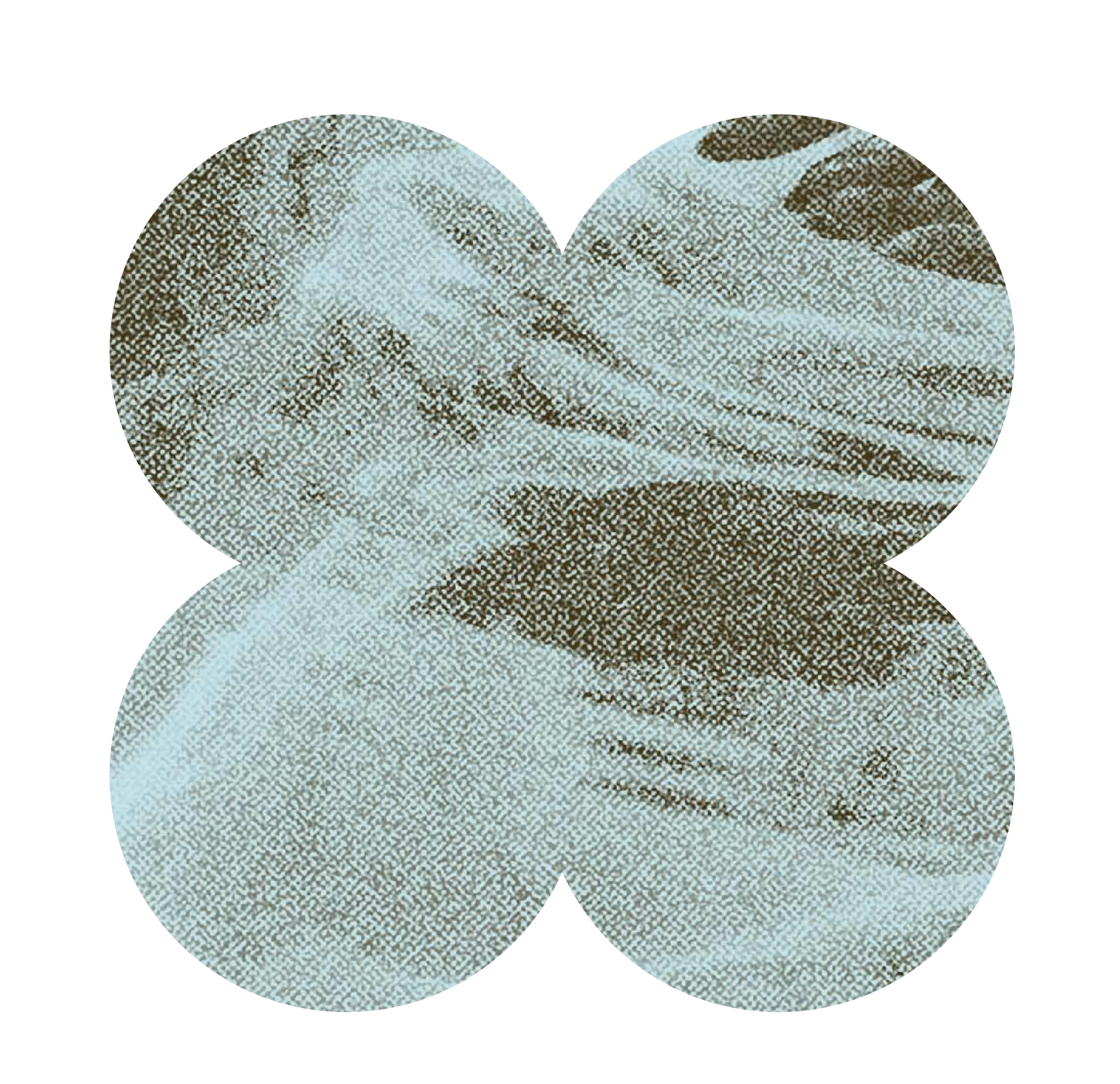Close-up of three forks and a knife resting on a textured surface with a vintage halftone effect.