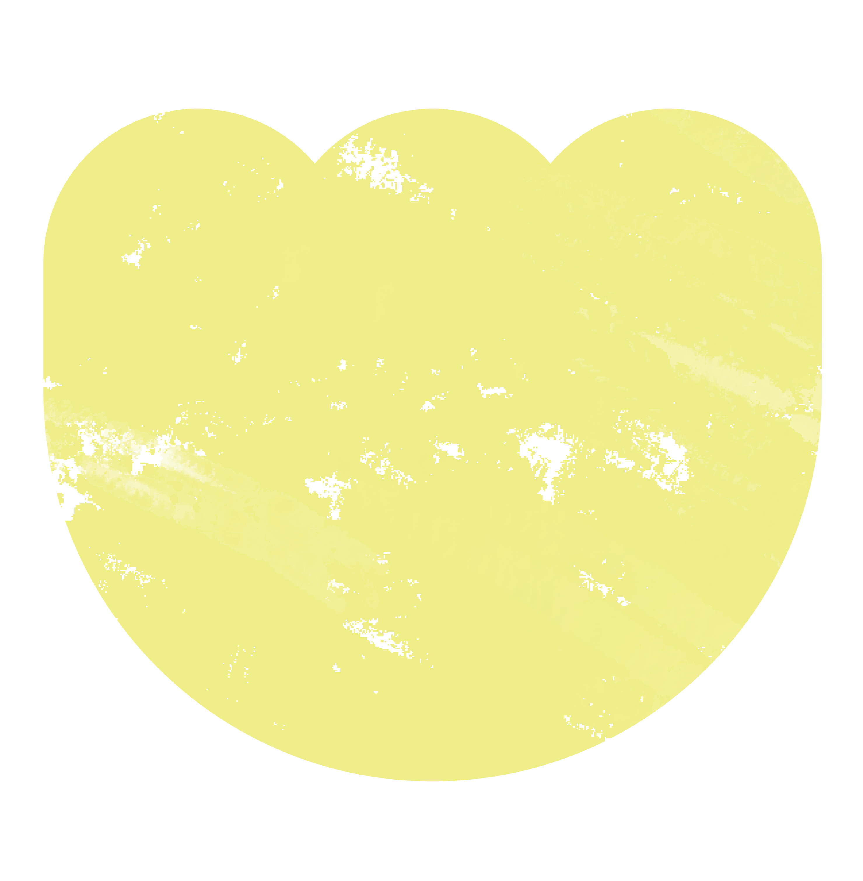 Yellow semicircle with three rounded bumps on top and irregular black patches scattered.