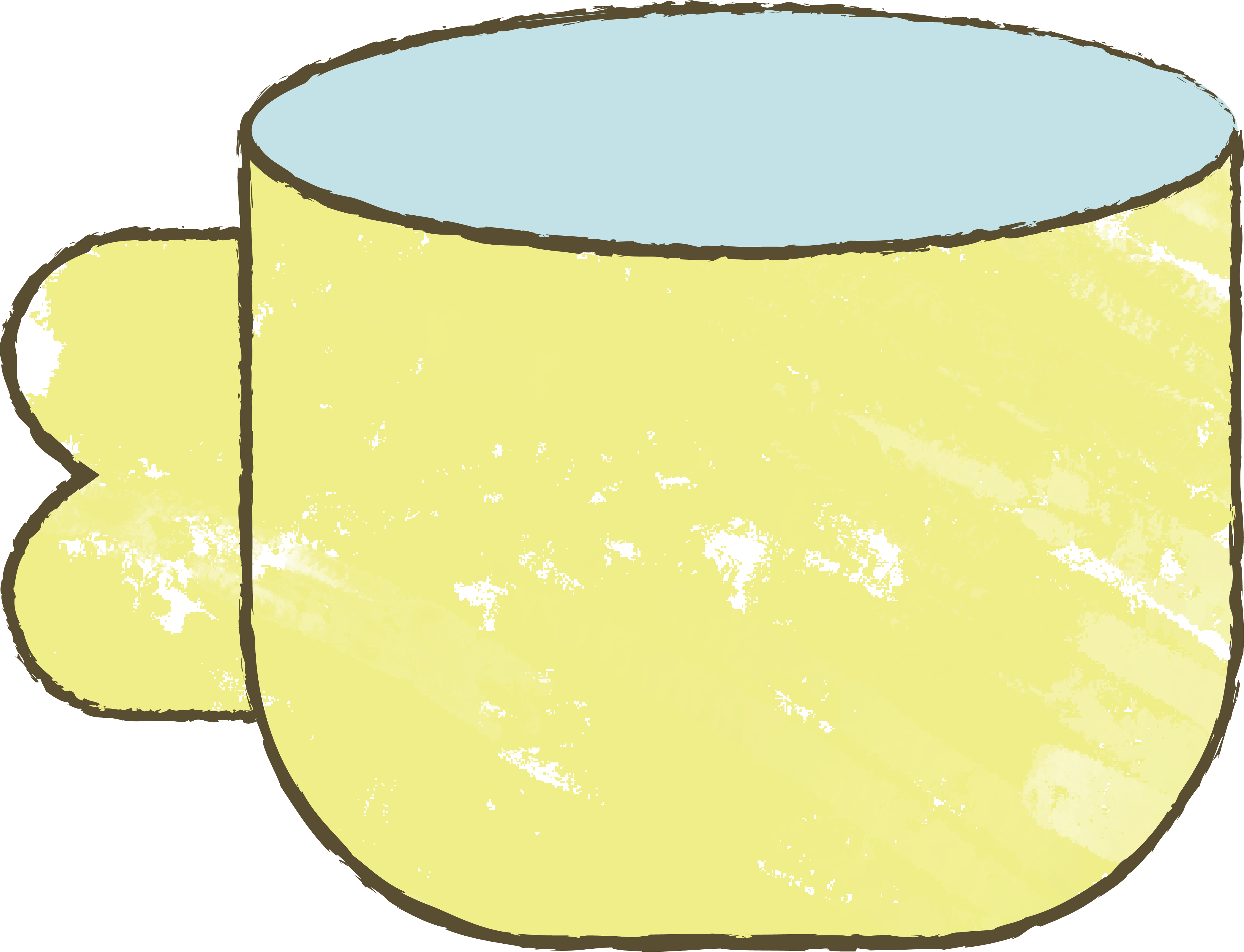 Illustration of a yellow coffee cup with a blue inside and a flower-shaped handle.