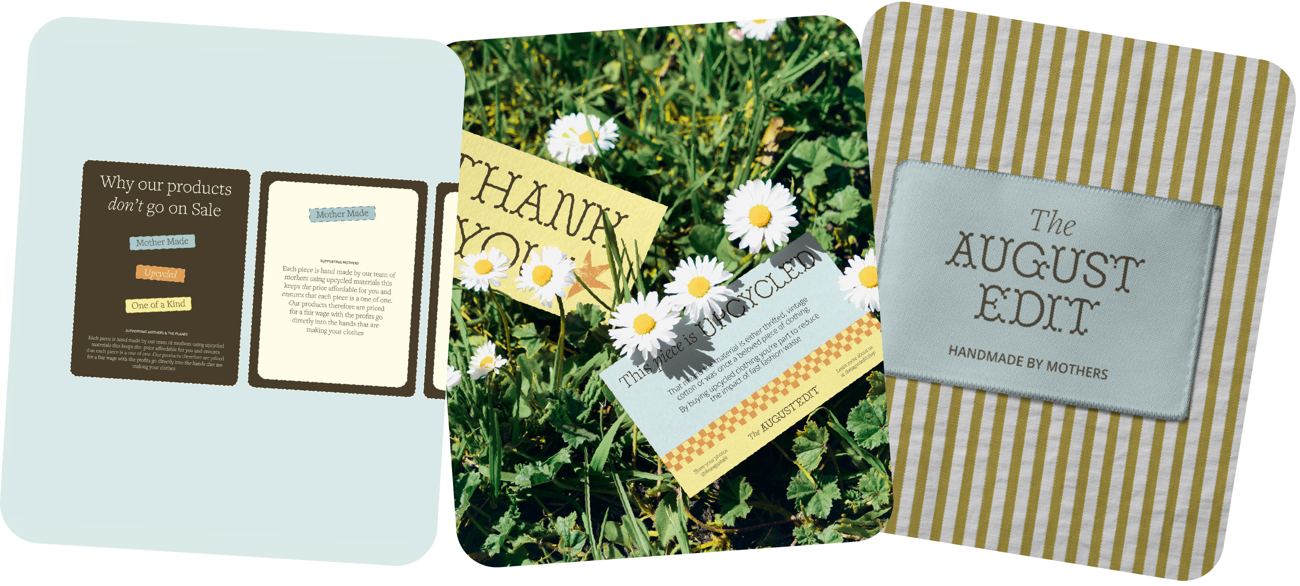 Three images showcasing product labels and cards with messages about handmade, upcycled, and unique items.