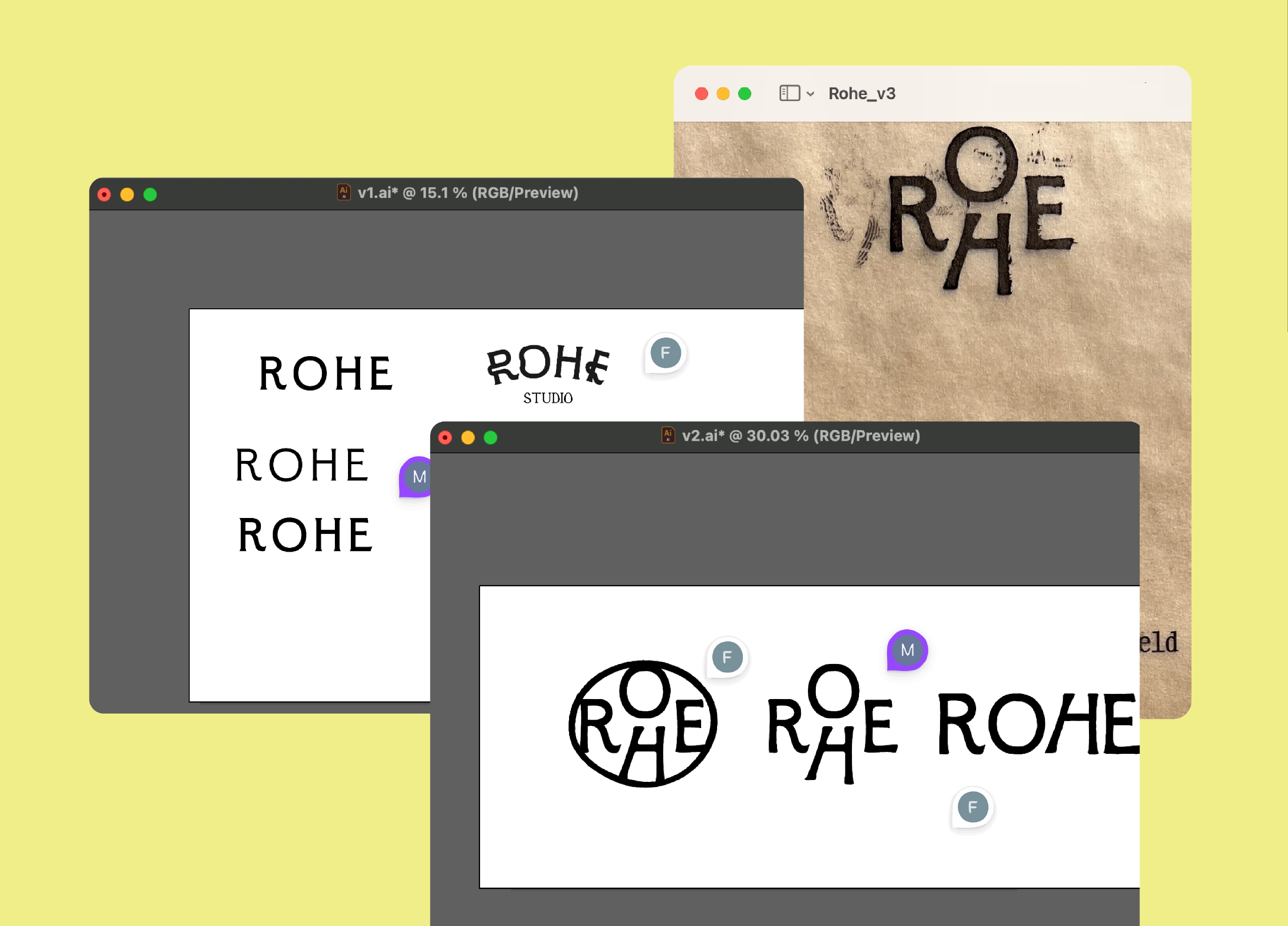 Four computer windows showing different ROHE logo design variations on a yellow background.
