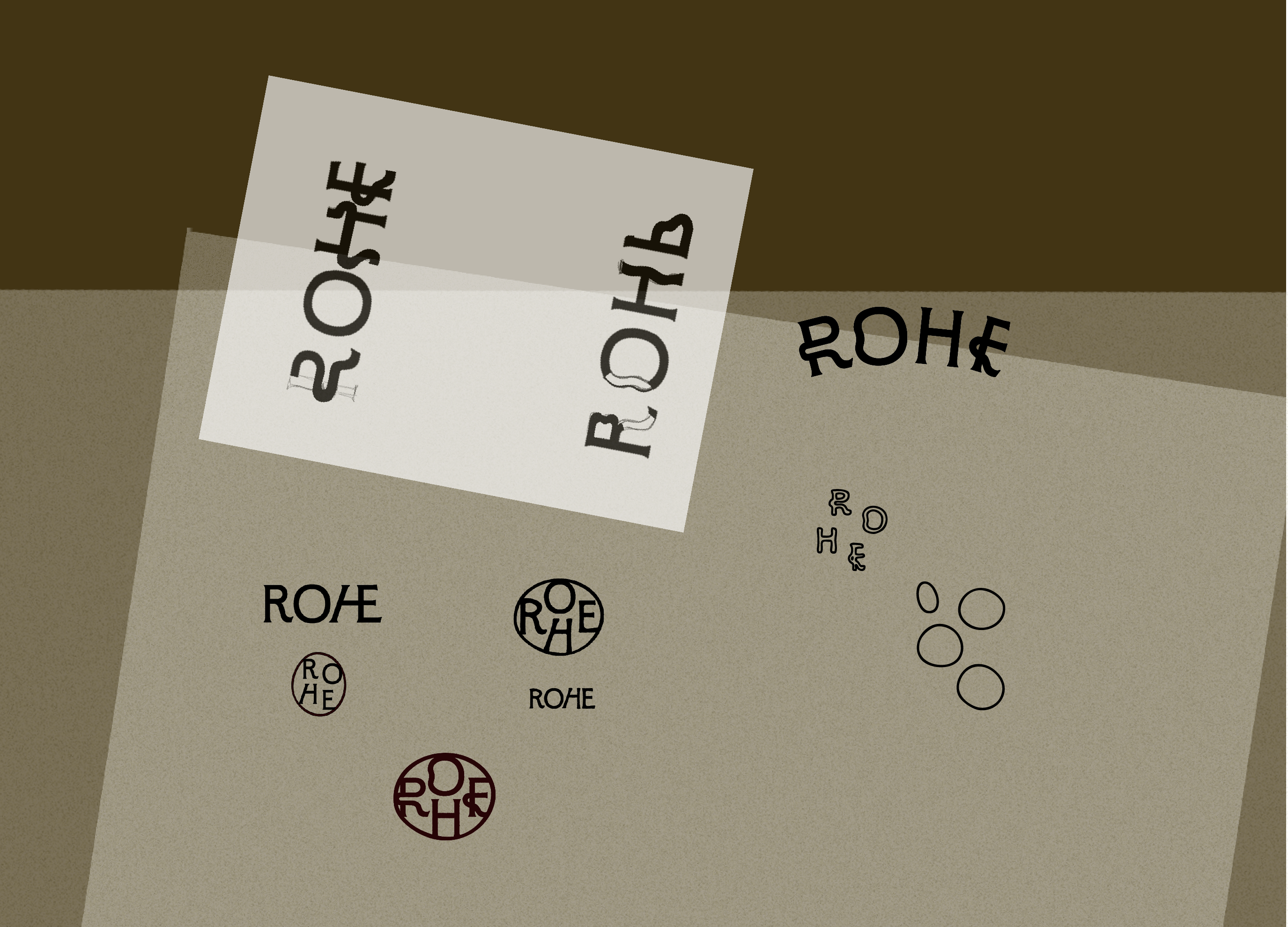 Various distorted and circular ROHE wordmark designs on a beige and brown abstract background.