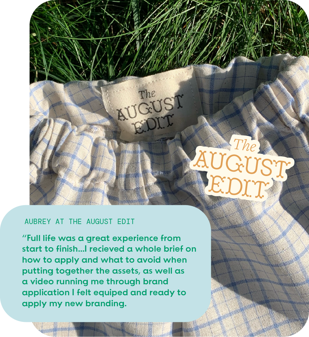 Cloth label saying The August Edit on fabric with blue checks lying on grass with a testimonial text overlay.