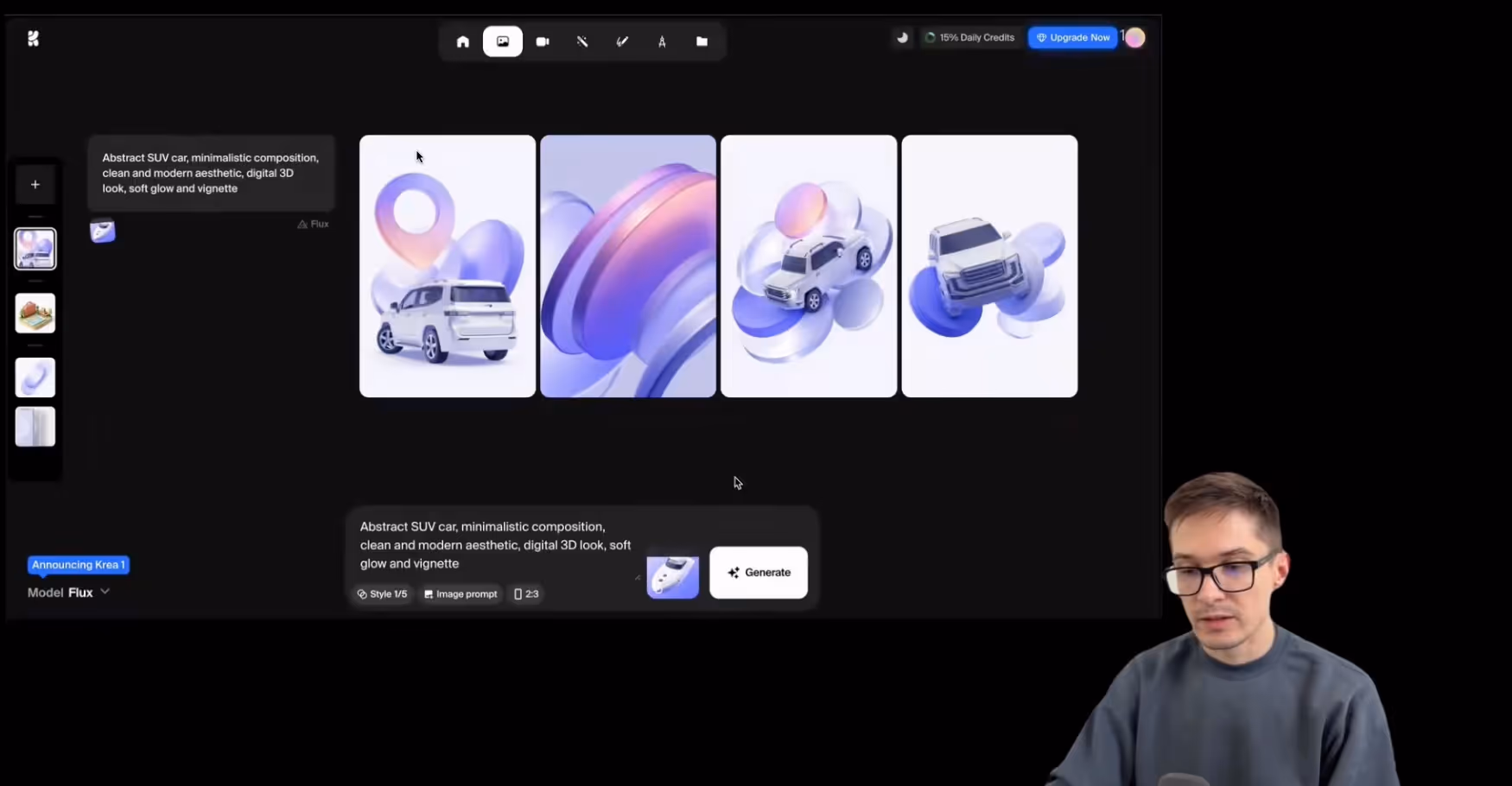 Screenshot of a digital interface displaying four 3D abstract SUV car images with purple and white elements and a man wearing glasses and a gray sweater in the bottom right corner.