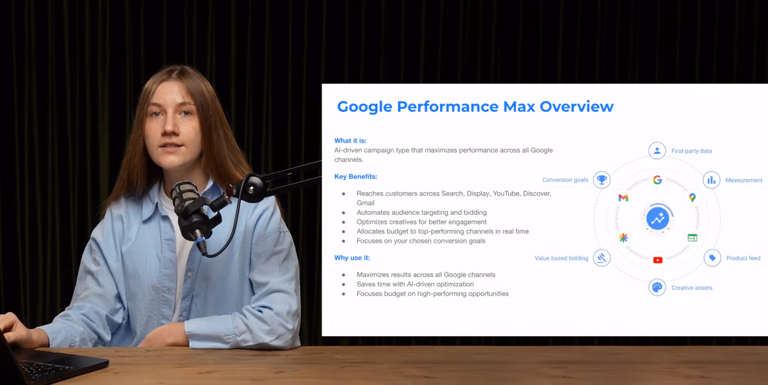 Woman in a light blue shirt speaking into a microphone with a Google Performance Max Overview slide displayed on screen.