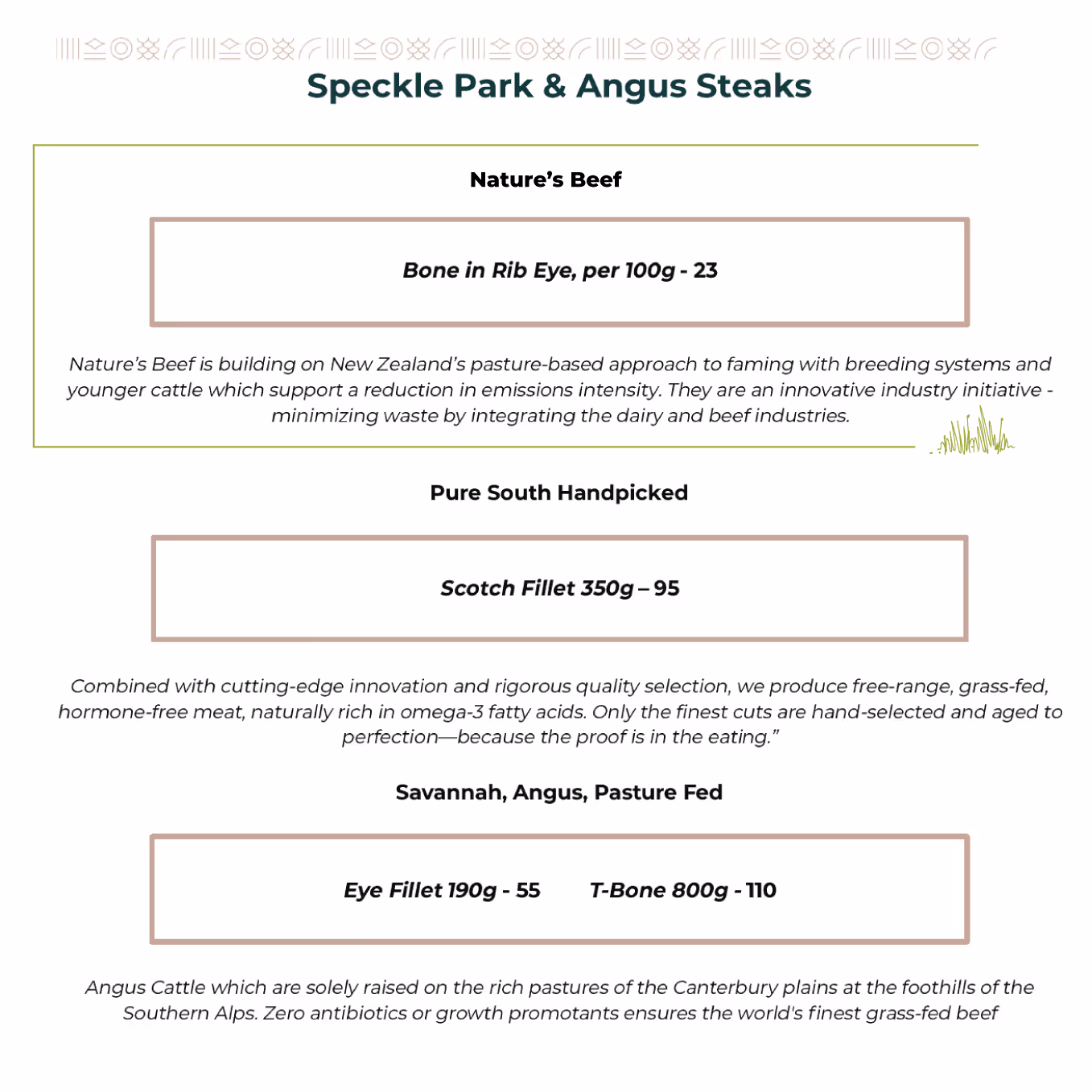 Sky City The Grill menu featuring Nature's Beef