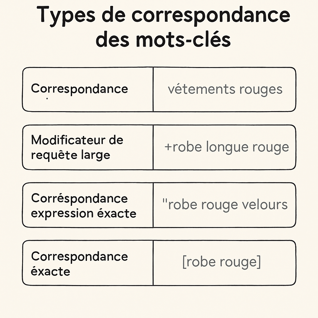 Graphique illustrant les types de correspondance des mots-clés