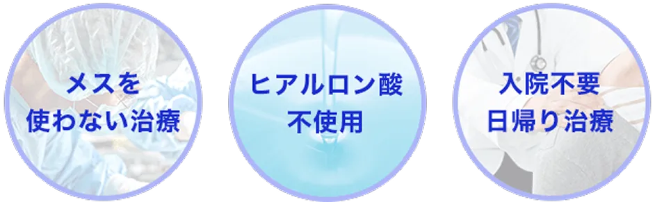メスを使わない治療
ヒアルロン酸不使用
入院不要、日帰り治療