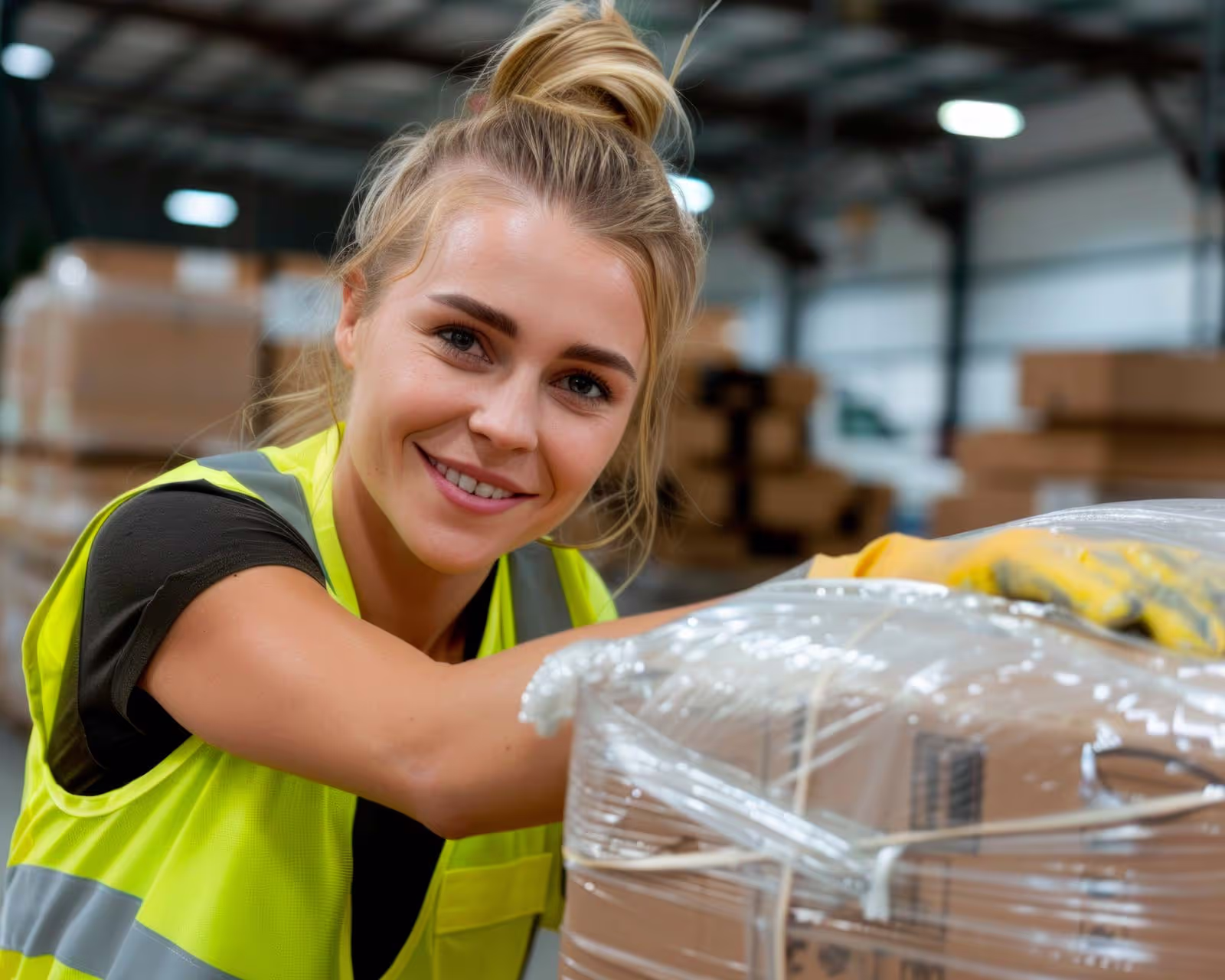Mitarbeiterin beim Verpacken von Druckprodukten im Lager – backesDruck übernimmt Druck, Kuvertierung und Versand im Full-Service-Mailingprozess.