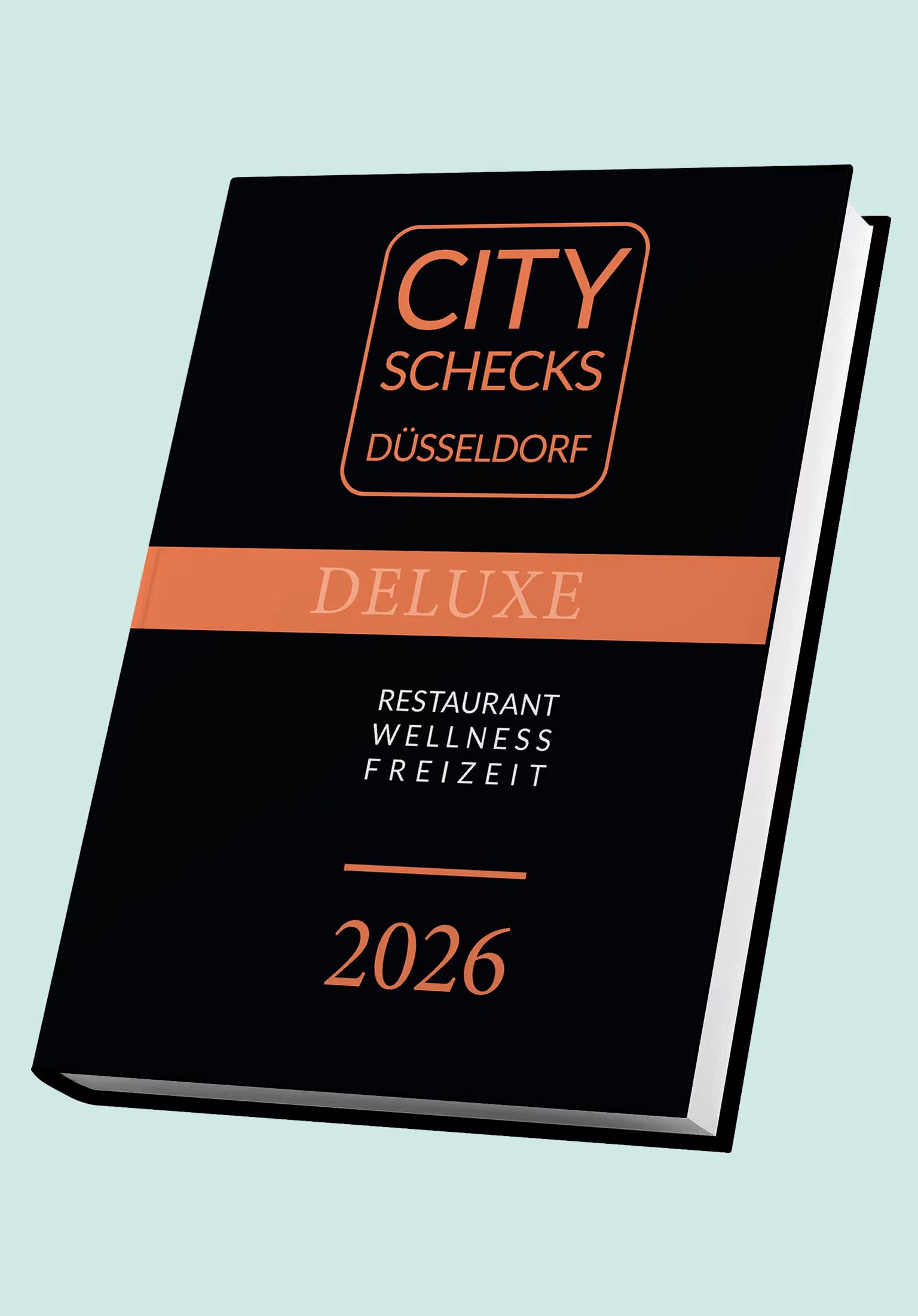 CitySchecks Düsseldorf Deluxe Gutscheinbuch 2025 – hochwertig gestaltetes und gedrucktes Gutscheinbuch von backesDruck für Restaurants, Wellness und Freizeitangebote.