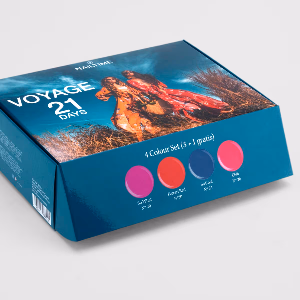 Faltschachtel für das Nailtime Voyage 21 Days Set mit glänzender Veredelung und vier Farbmustern, produziert von backesDruck.