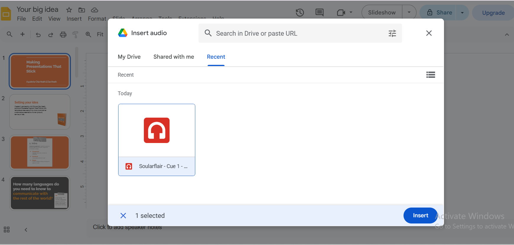 Google Drive file picker showing audio file selected