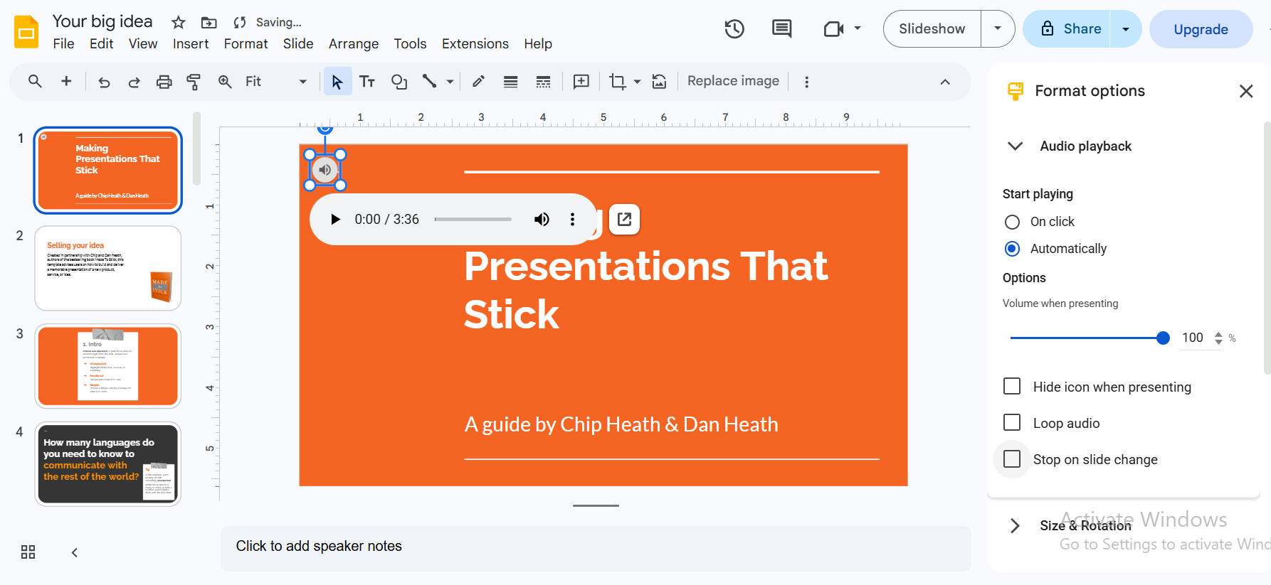 Format options showing "Stop on slide change" unchecked