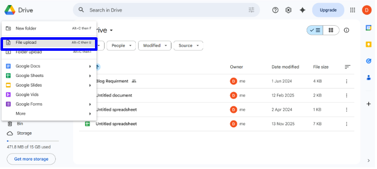 How to add audio to Google Slides — +New dropdown menu open with File Upload option highlighted in blue