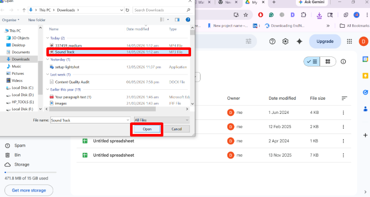 How to add audio to Google Slides — file picker window showing an MP3 file selected with the Open button visible