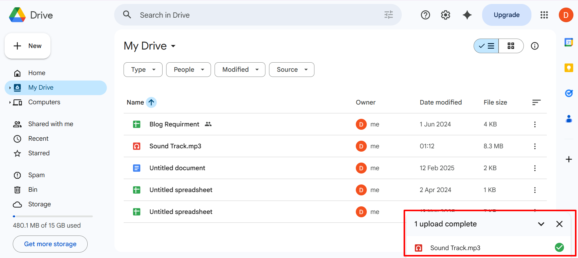 How to add audio to Google Slides — upload progress bar in the bottom right corner of Google Drive showing upload at 100 percent complete