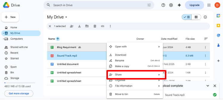 How to add audio to Google Slides — right-click context menu on an audio file in Google Drive with the Share option visible