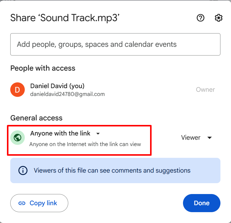 How to add audio to Google Slides — Google Drive share settings dialog showing Anyone with the link option selected and Done button visible