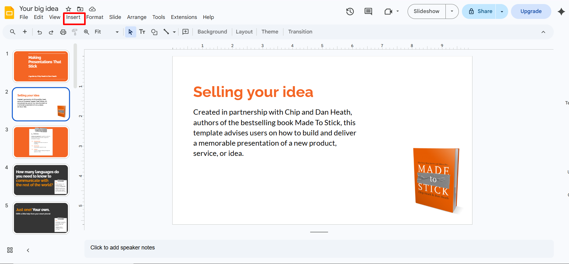 How to add audio to Google Slides — Insert menu highlighted
