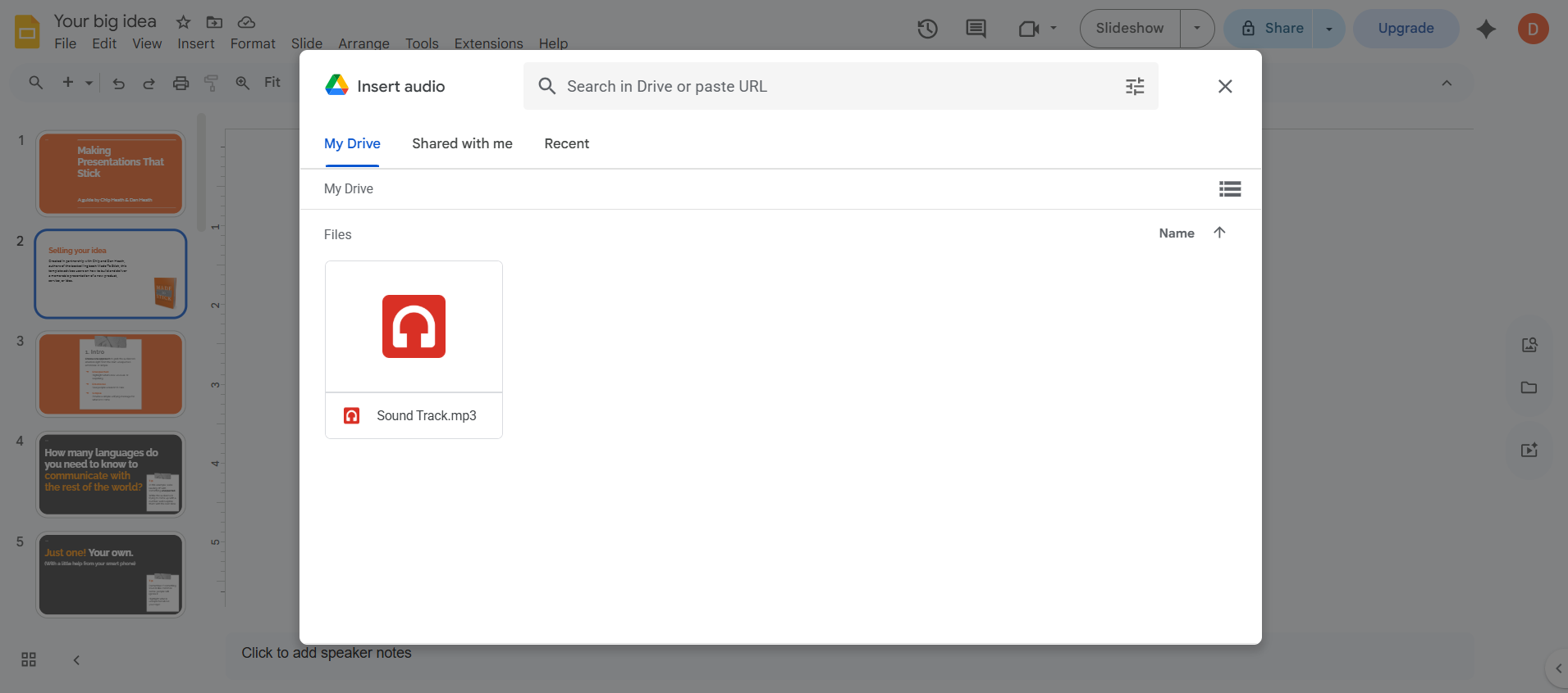 How to add audio to Google Slides — Insert Audio popup window with My Drive tab selected