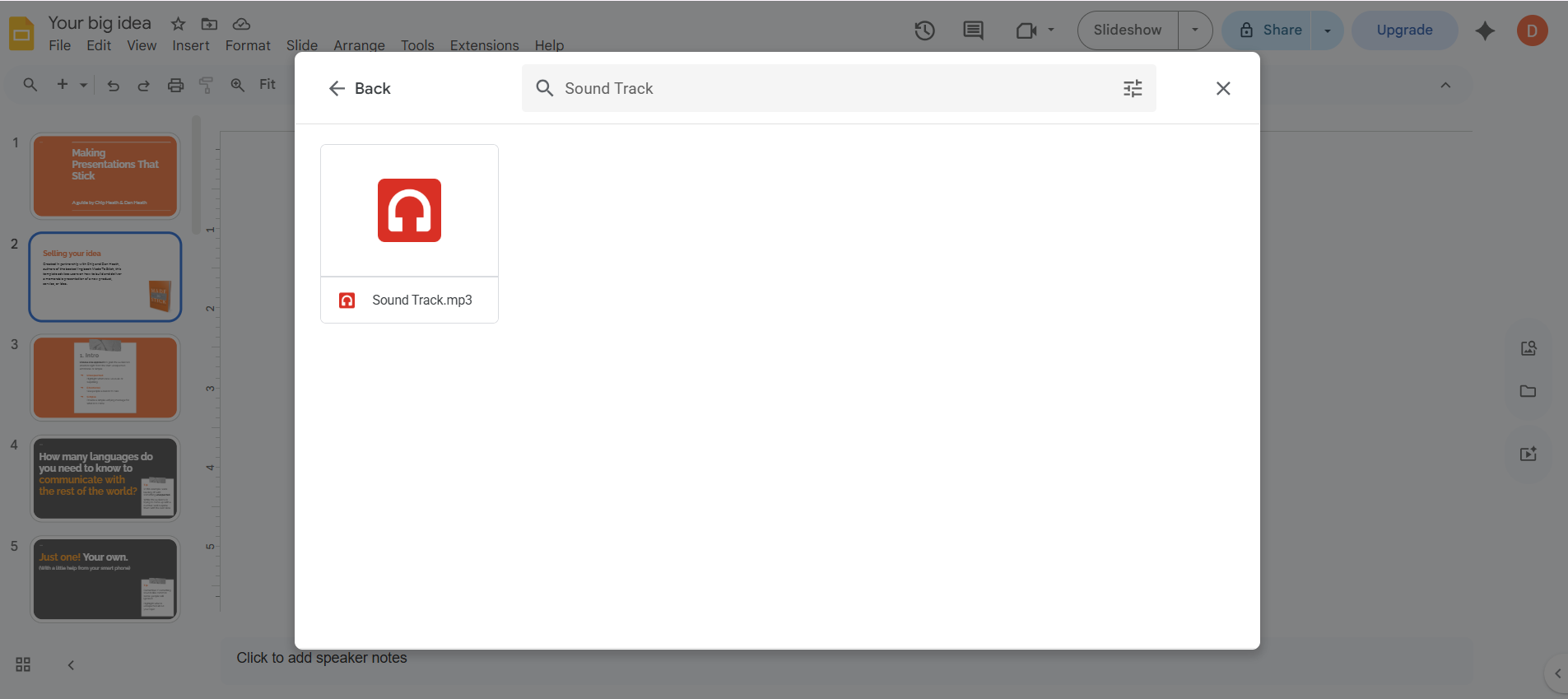 How to add audio to Google Slides — My Drive tab inside Insert Audio popup showing an audio file in the list