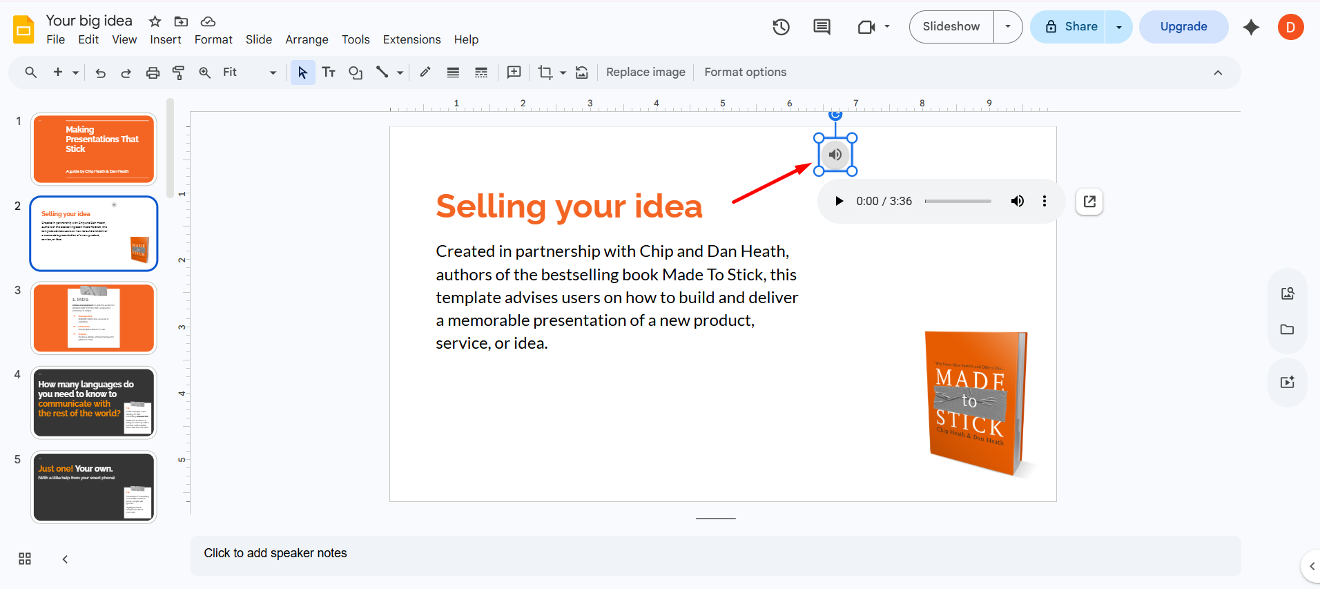 How to add audio to Google Slides — speaker icon placed on a Google Slides slide
