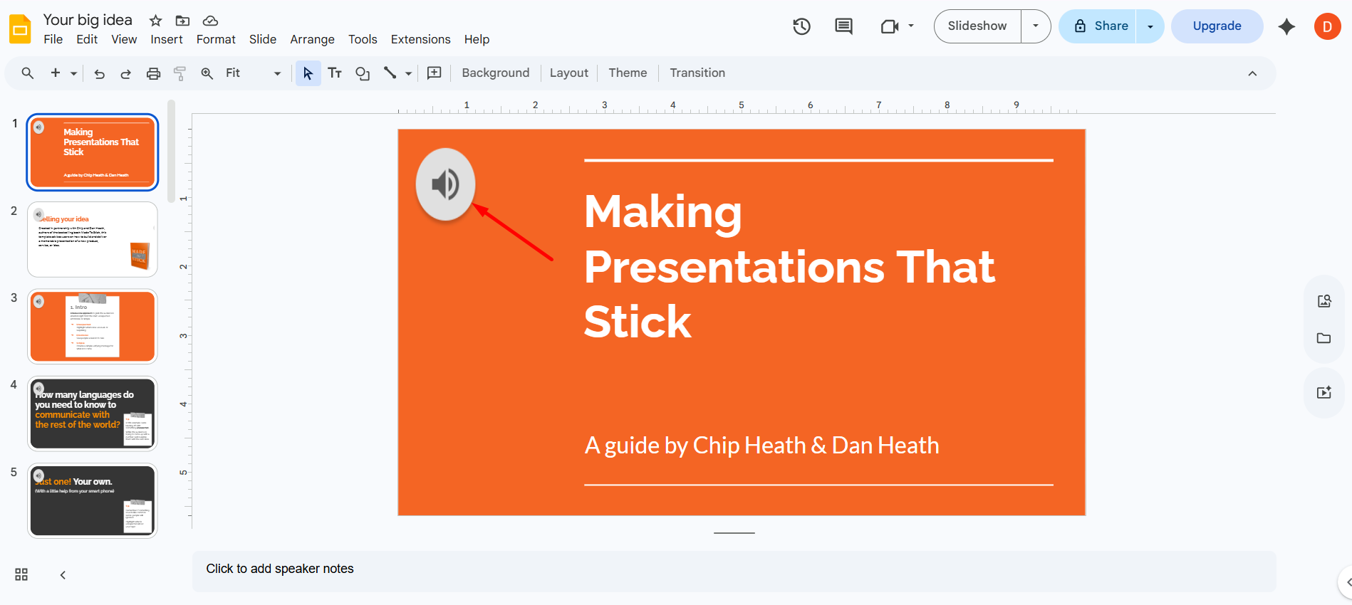 How to add audio to Google Slides — audio icon positioned neatly in the corner