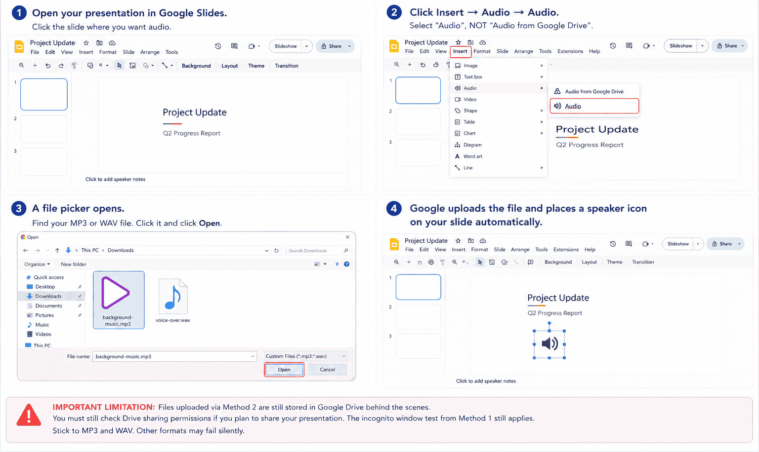 Insert > Audio sub-menu showing Audio from Google Drive AND Audio options
