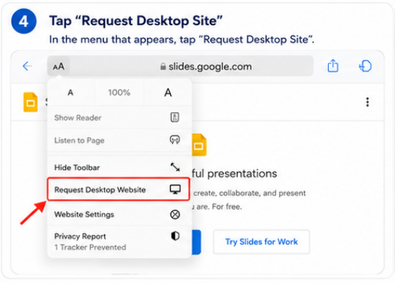 Safari on iPad — AA icon in address bar with Request Desktop Site option visible