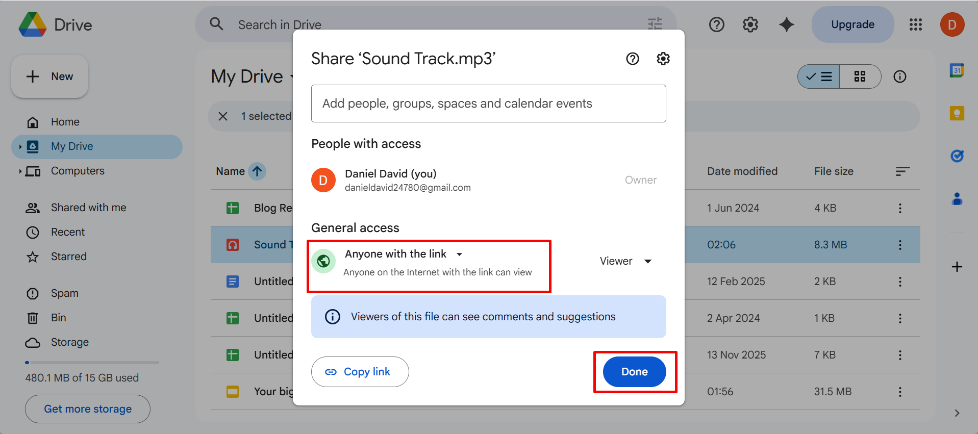 How to add audio to Google Slides — Google Drive share settings dialog showing Anyone with the link option selected