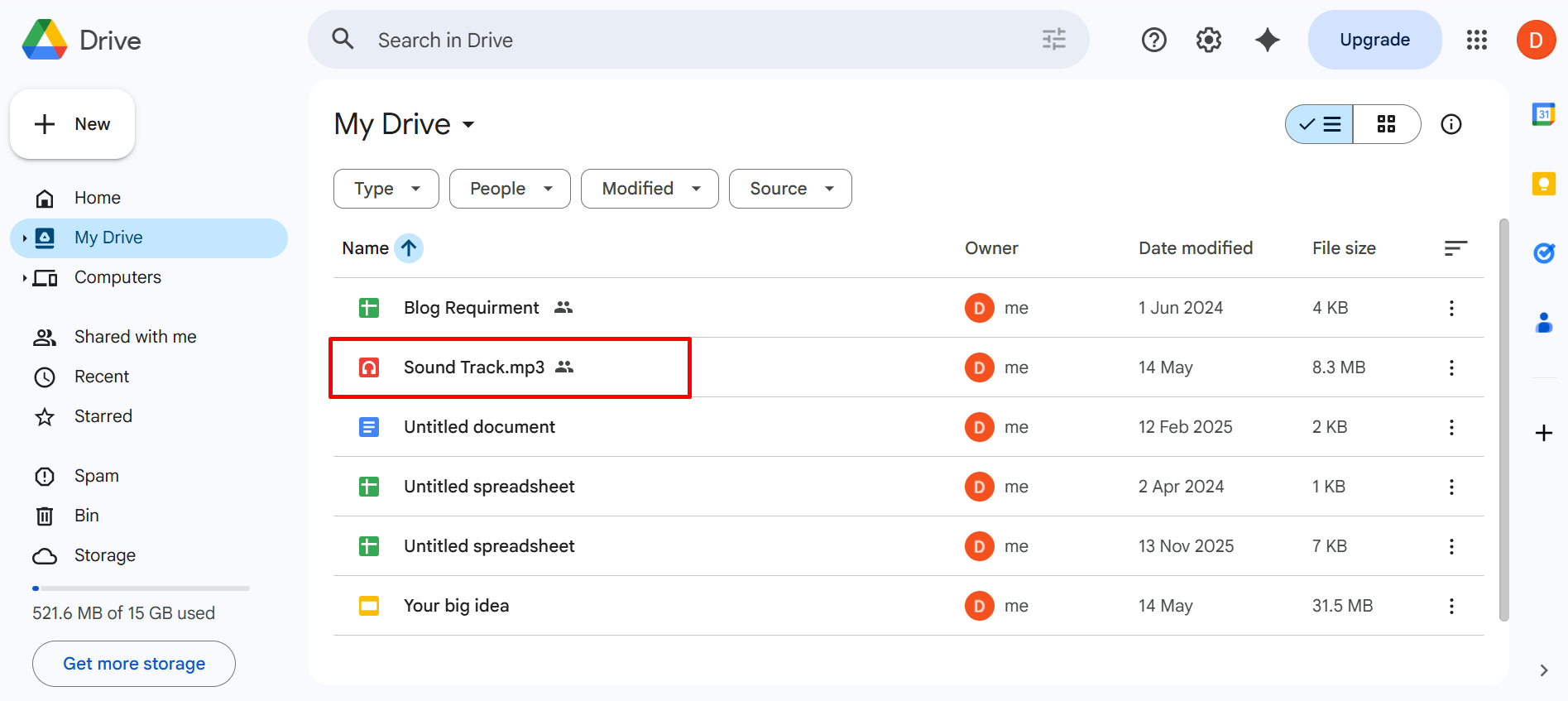 How to add music to Google Slides — Google Drive homepage showing a music file successfully uploaded