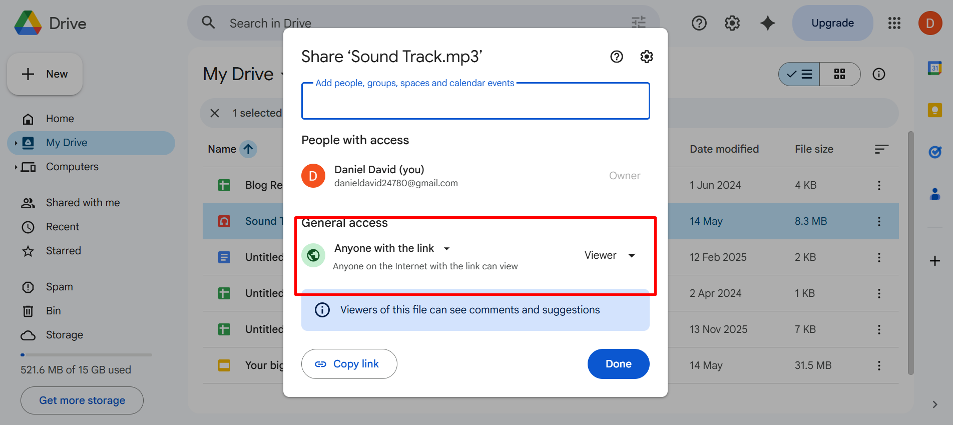 How to add music to Google Slides — Google Drive share settings dialog showing Anyone with the link option selected