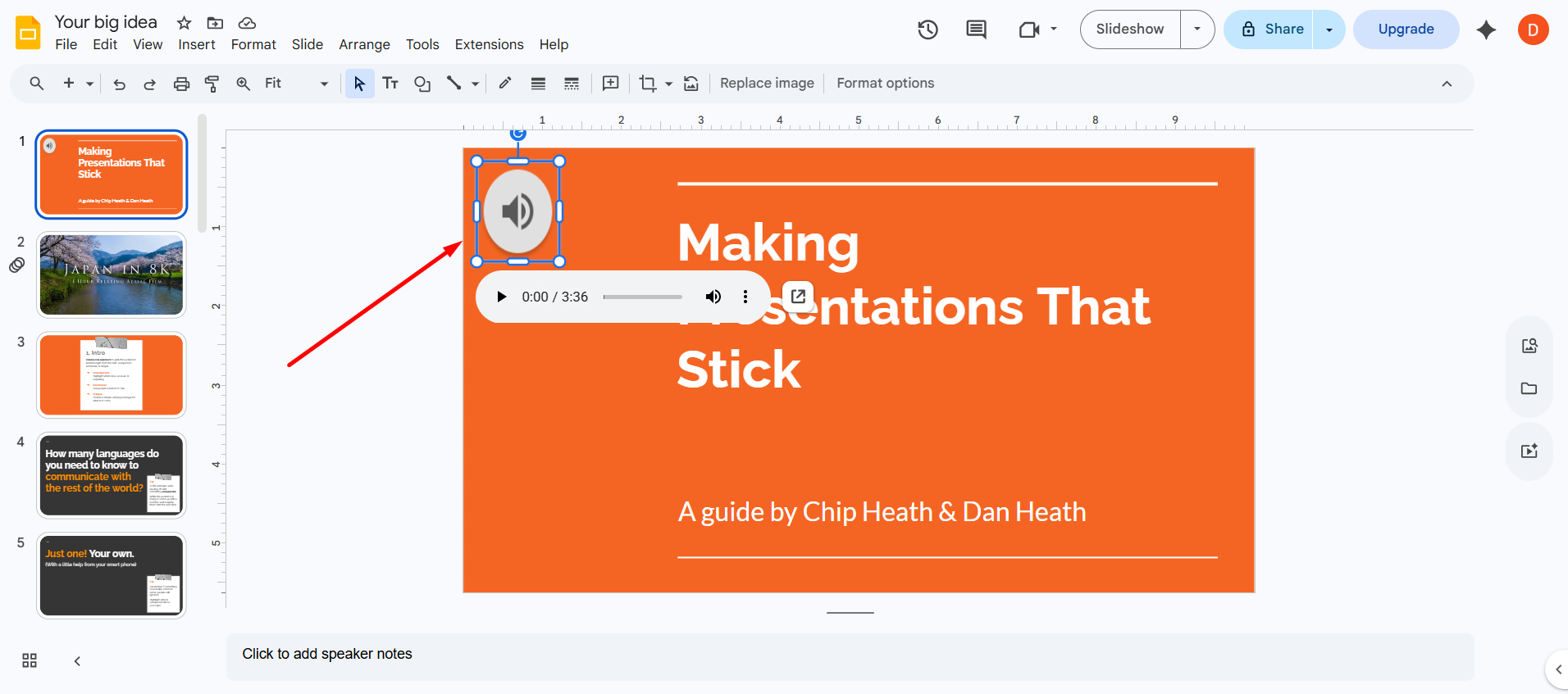 How to add music to Google Slides — speaker icon placed on slide 1 of a Google Slides presentation after music file insertion