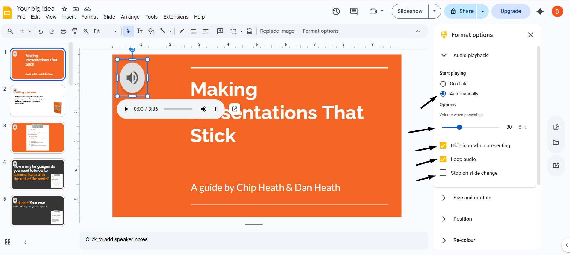 How to add music to Google Slides — Format options panel open on the right side showing all five audio playback settings configured