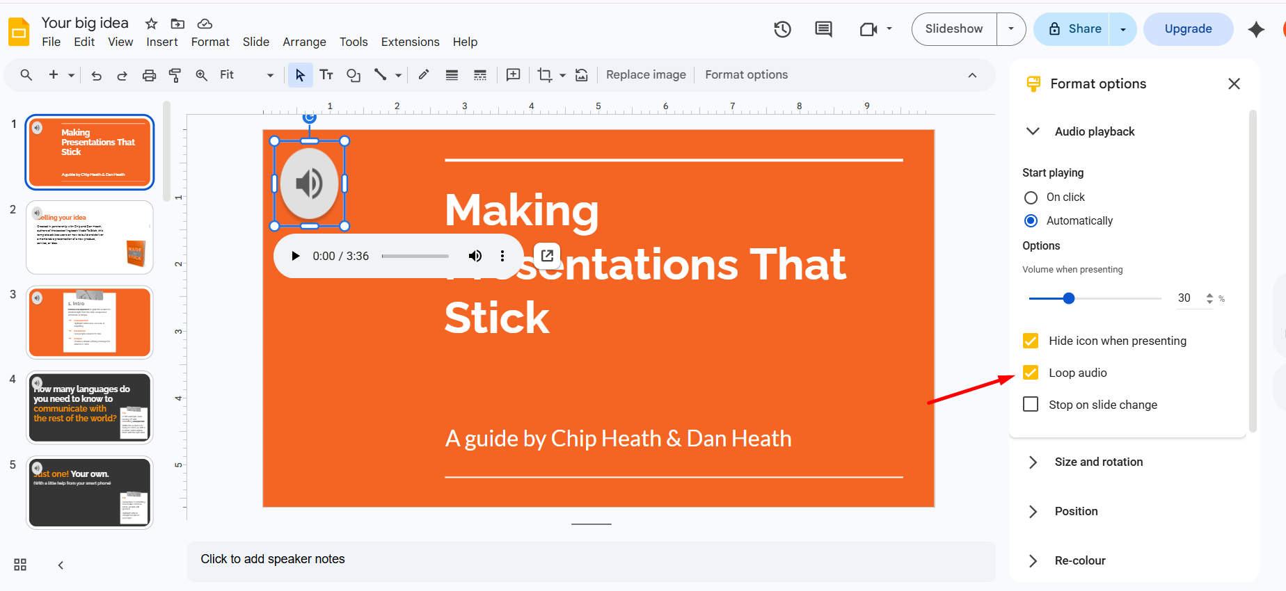 How to add music to Google Slides — Format options panel showing the Loop audio checkbox checked