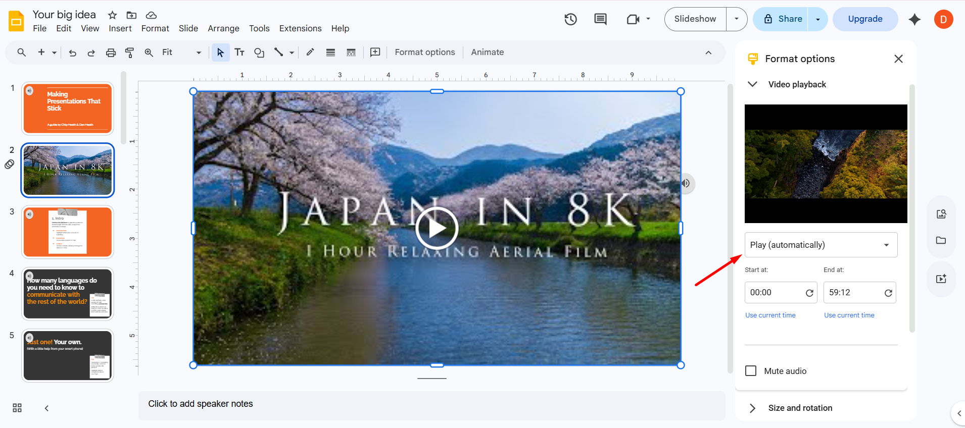 How to add music to Google Slides — Video options panel in Google Slides showing the Autoplay when presenting checkbox checked