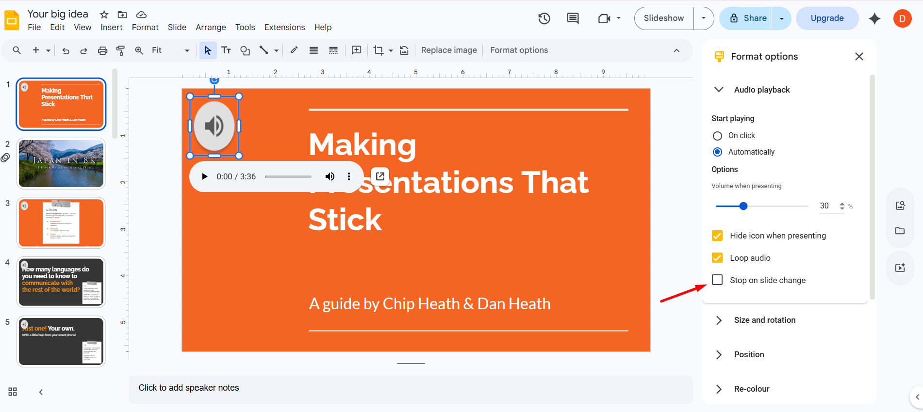 How to add music to Google Slides — Format options panel showing the Stop on slide change checkbox unchecked