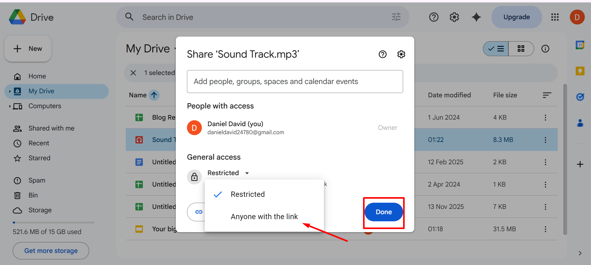 How to add music to Google Slides — Google Drive share settings dialog