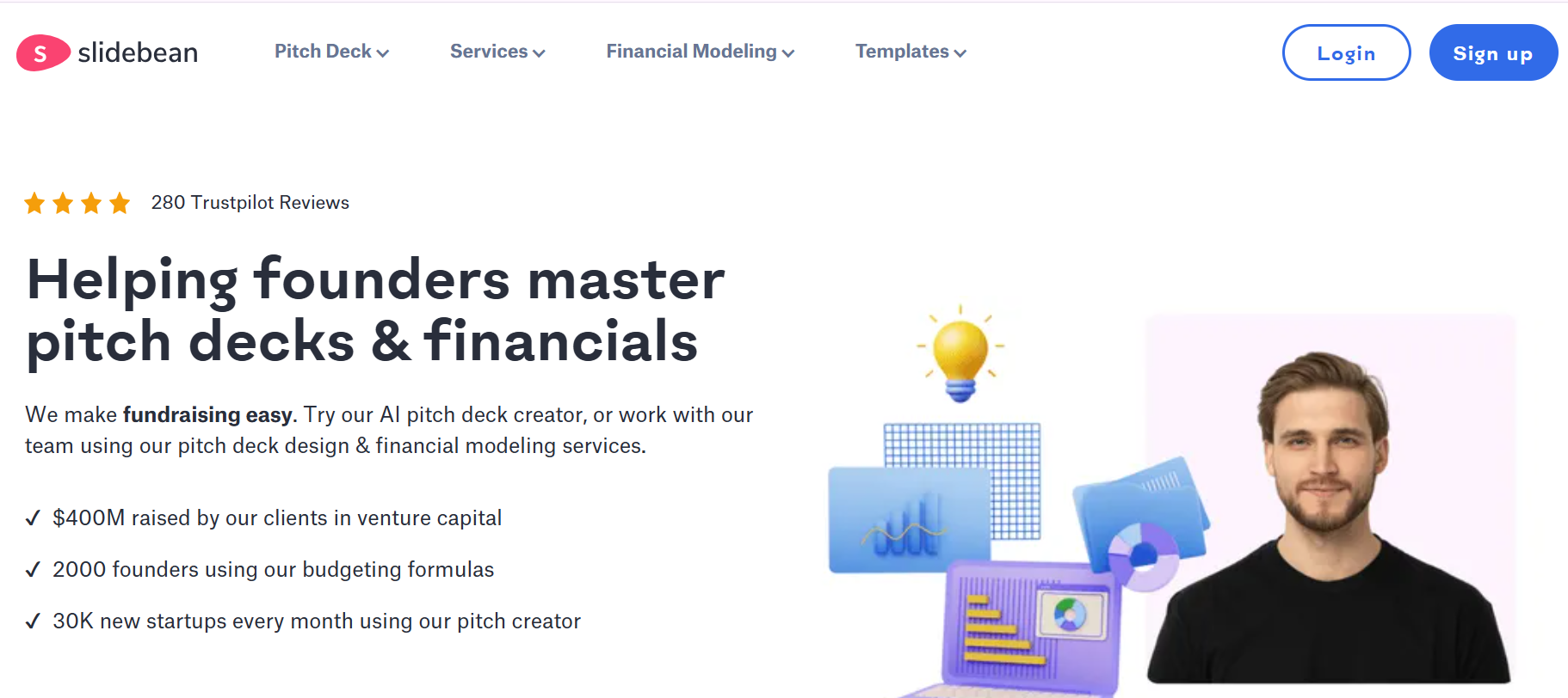 Slidebean AI-powered pitch deck platform offering affordable presentation design for startup founders  