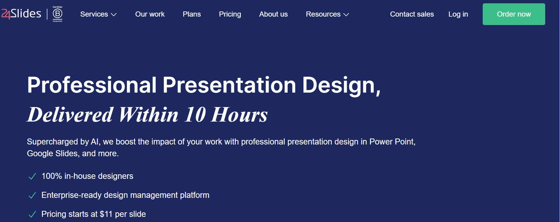 24Slides affordable presentation design service offering fast turnaround slide formatting for businesses 
