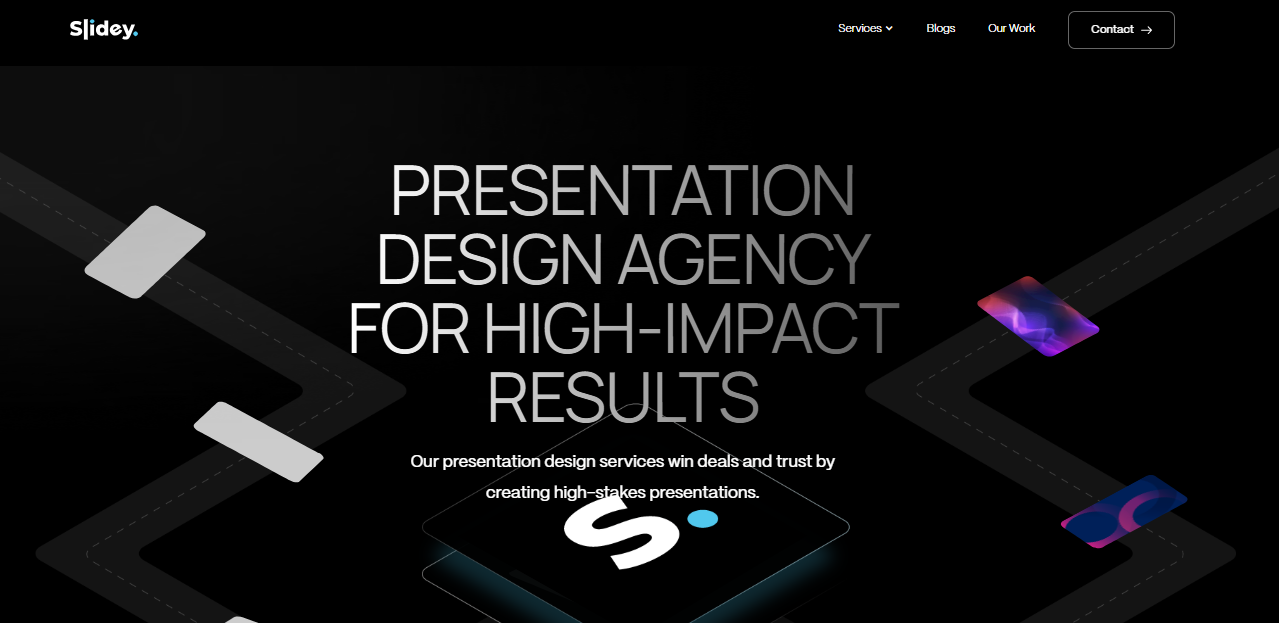 Slidey.io pitch deck design agency website showing investor presentation services for startups USA