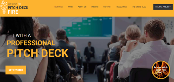 Pitch Deck Fire agency website showing startup pitch deck design packages with fast turnaround