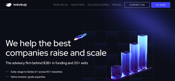 Waveup pitch deck agency website showing venture consulting and investor presentation services
